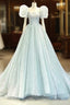 Blue Tulle Long A-Line Prom Dress with Sequins, Lovely Puff Sleeve Evening Gown