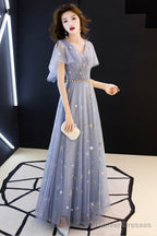 Blue Tulle Long A-Line Prom Dresses, V-Neck Evening Dresses