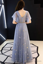 Blue Tulle Long A-Line Prom Dresses, V-Neck Evening Dresses