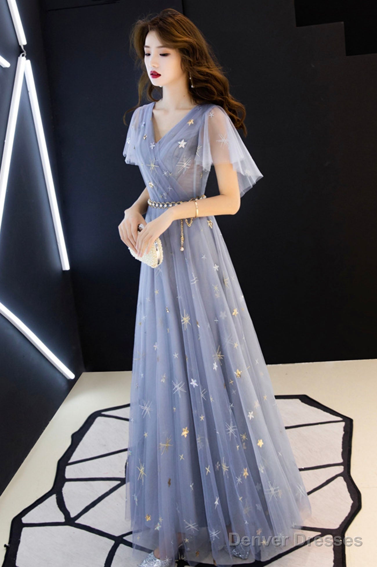 Blue Tulle Long A-Line Prom Dresses, V-Neck Evening Dresses Main image