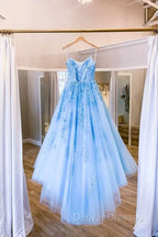 Blue Tulle Long Backless A Line Prom Dress Evening Dress