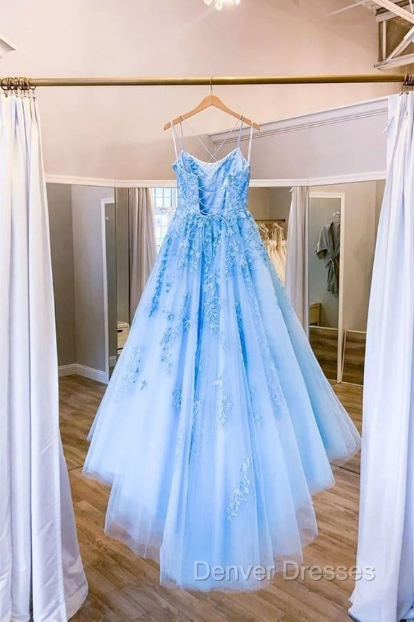 Blue Tulle Long Backless A Line Prom Dress Evening Dress