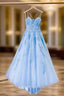 Blue Tulle Long Backless A Line Prom Dress Evening Dress
