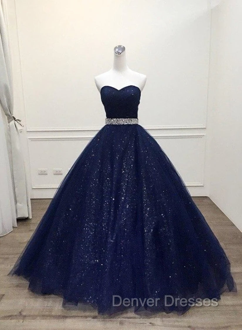 Blue Tulle Long Evening Gown Party Dress, Navy Blue Sweet 16 Gown Main image