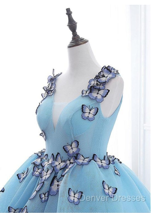 Blue Tulle Long Party Dress With Butterfly, Gorgeous Sweet 16 Dress Secondary image