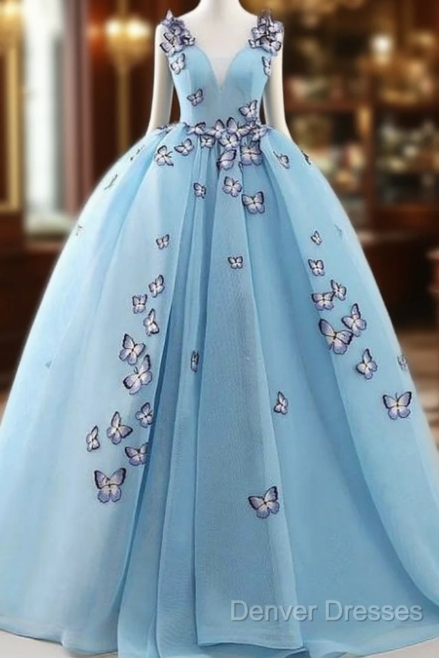 Blue Tulle Long Party Dress With Butterfly, Gorgeous Sweet 16 Dress Main image