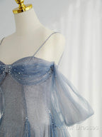Blue Tulle Long Prom Dress, A-Line Off The Shoulder Blue Evening Party Dress