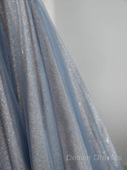Blue Tulle Long Prom Dress, A-Line Off The Shoulder Blue Evening Party Dress