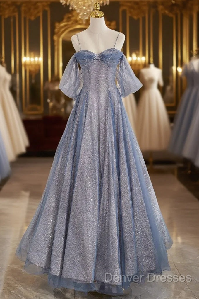 Blue Tulle Long Prom Dress, A-Line Off The Shoulder Blue Evening Party Dress Main image