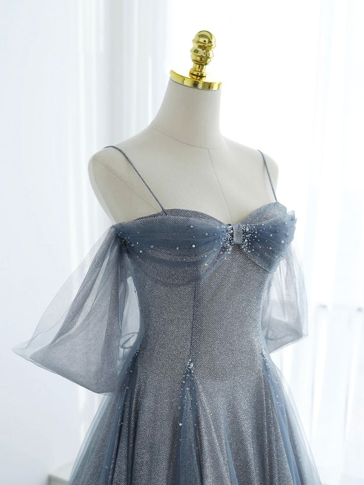 Blue Tulle Long Prom Dress A-Line Off The Shoulder Evening Party Dress
