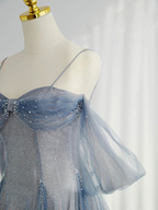 Blue Tulle Long Prom Dress A-Line Off The Shoulder Evening Party Dress