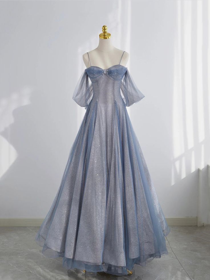 Blue Tulle Long Prom Dress A-Line Off The Shoulder Evening Party Dress Main image