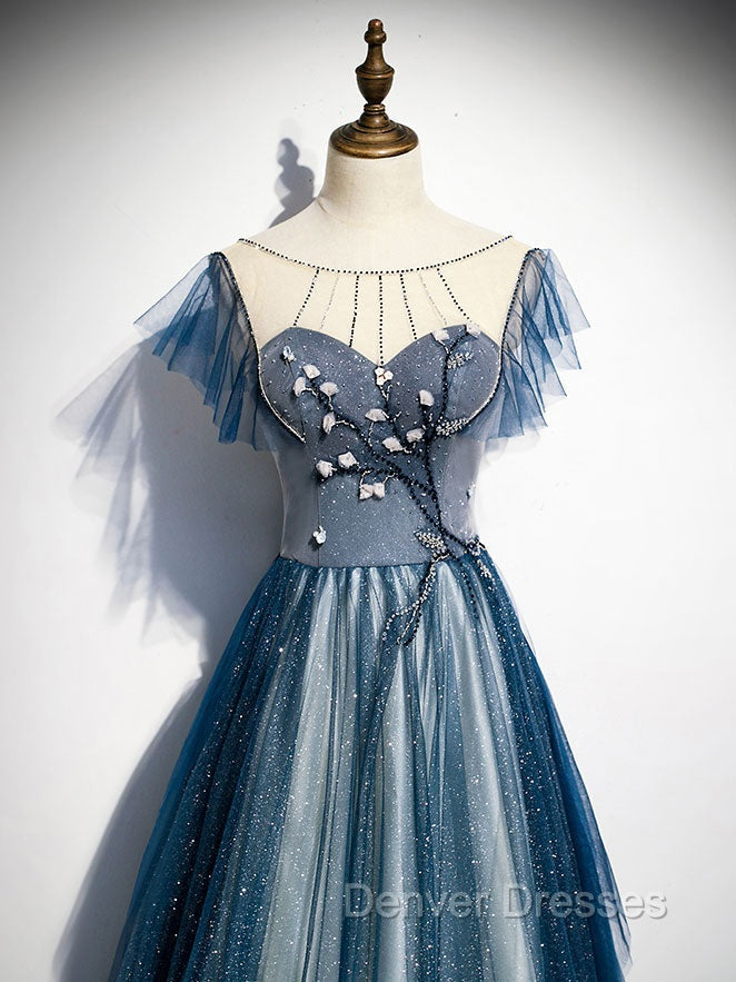 Blue Tulle Long Prom Dress, Blue Beads Long Evening Dress