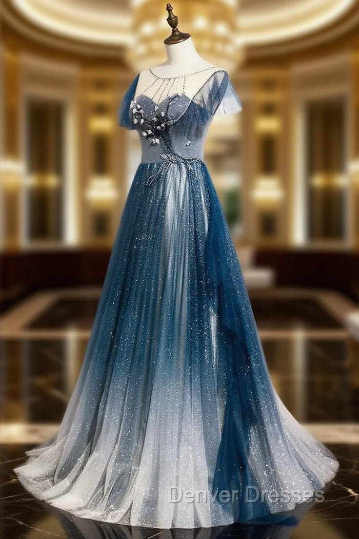 Blue Tulle Long Prom Dress, Blue Beads Long Evening Dress Main image