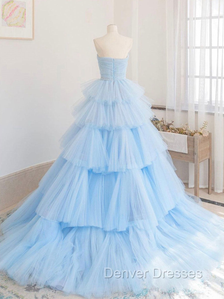 Blue Tulle Long Prom Dress, Blue Tulle Ball Gown Evening Dress