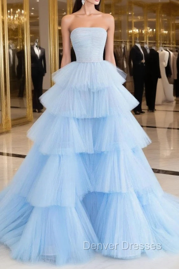 Blue Tulle Long Prom Dress, Blue Tulle Ball Gown Evening Dress Main image