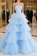 Blue Tulle Long Prom Dress, Blue Tulle Ball Gown Evening Dress