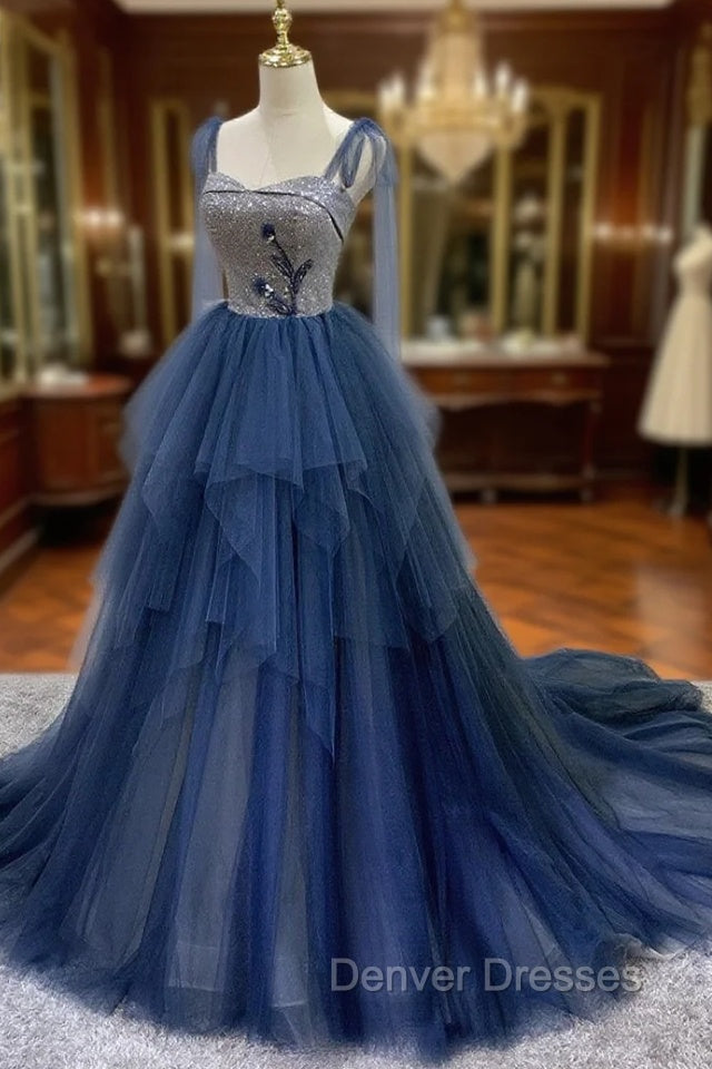 Blue Tulle Long Prom Dress, Blue Tulle Long Evening Dress
