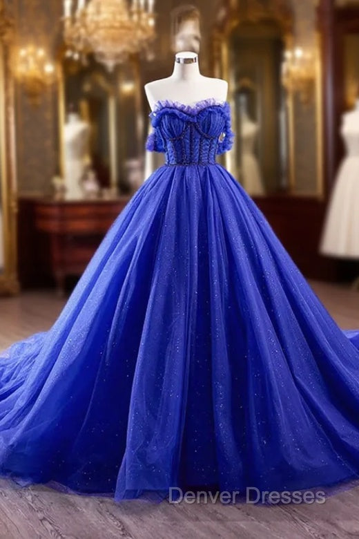 Blue Tulle Long Prom Dress, Off the Shoulder Formal Evening Party Dress Main image