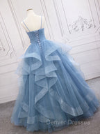 Blue Tulle Long Prom Dress, Blue Tulle Formal Dress Sweet 16 Dress