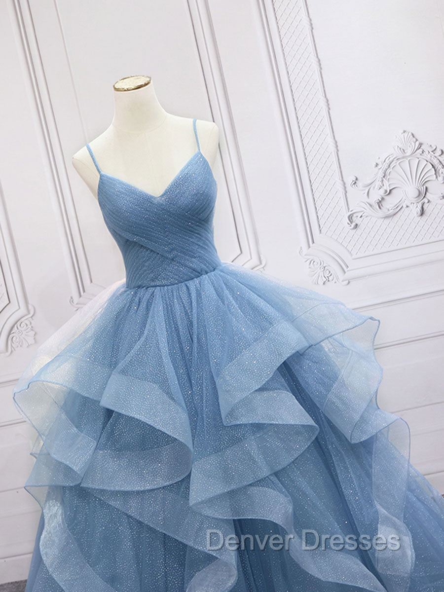 Blue Tulle Long Prom Dress, Blue Tulle Formal Dress Sweet 16 Dress