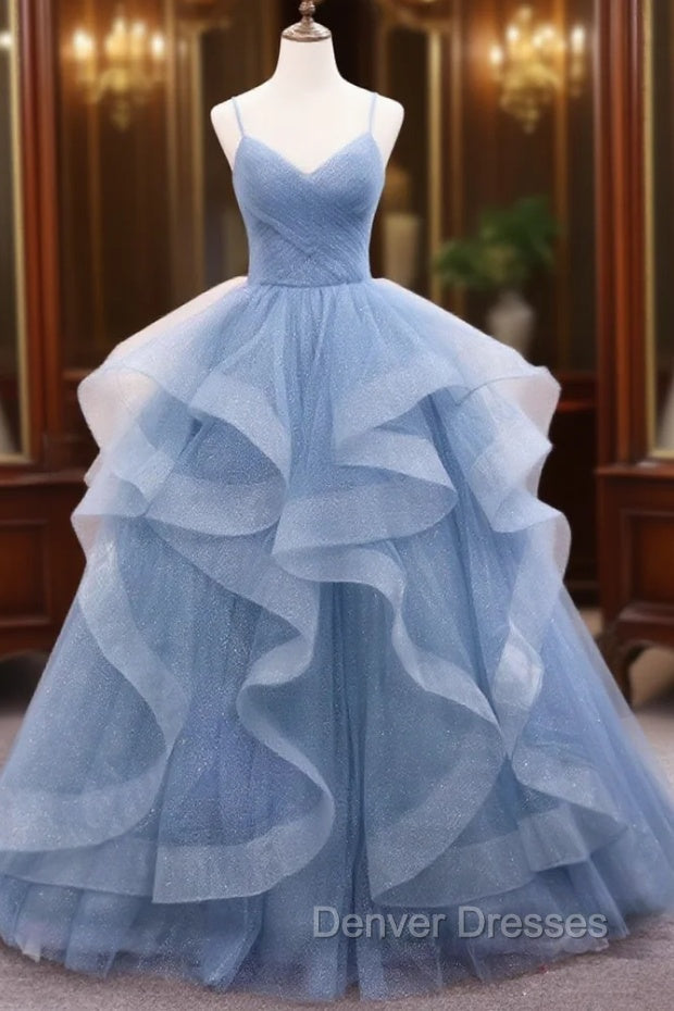 Blue Tulle Long Prom Dress, Blue Tulle Formal Dress Sweet 16 Dress