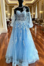 Blue Tulle Long Sleeve Appliques Prom Dress