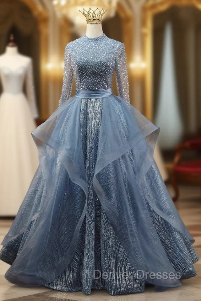 Blue Tulle Long Sleeve Backless Beading Prom Dress