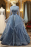 Blue Tulle Long Sleeve Backless Beading Prom Dress