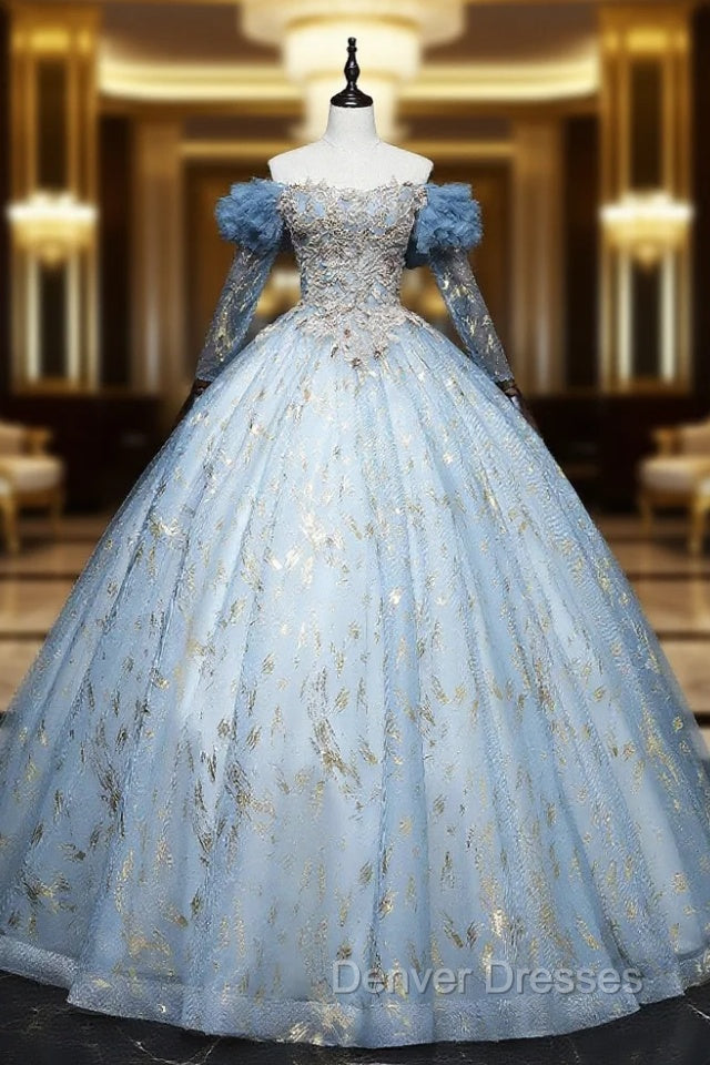 Blue Tulle Long Sleeve Beading Quinceanera Dress