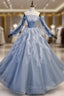 Blue Tulle Long Sleeve Off the Shoulder Prom Dress