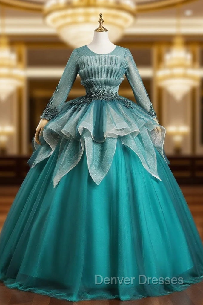 Blue Tulle Long Sleeve Pleats Appliques Beading Quinceanera Dress Main image