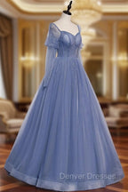 Blue Tulle Long Sleeve Prom Dress, A-Line Blue Evening Party Dress