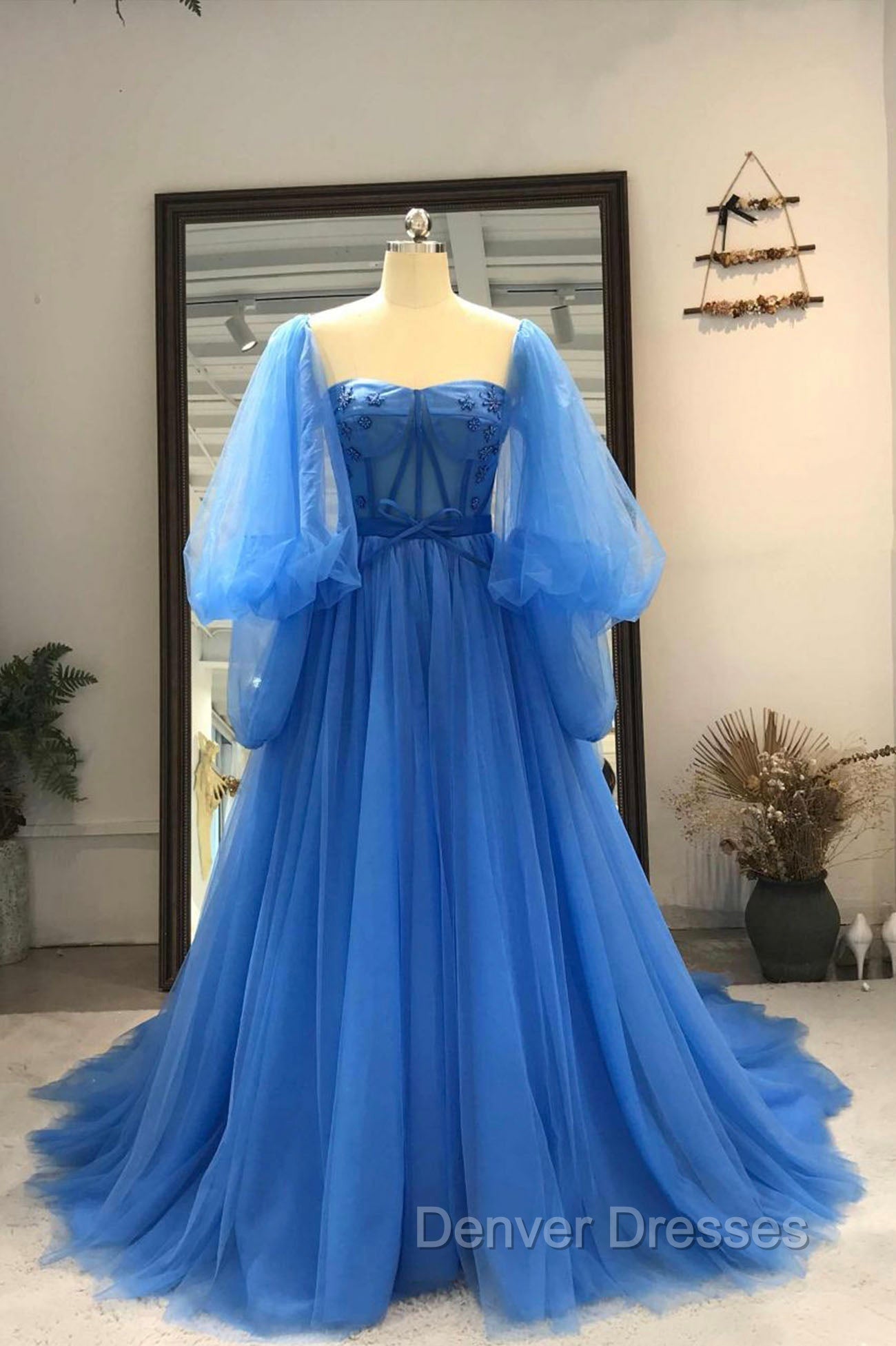 Blue Tulle Long Sleeve Prom Dress, A-Line Tulle Formal Evening Dress Main image