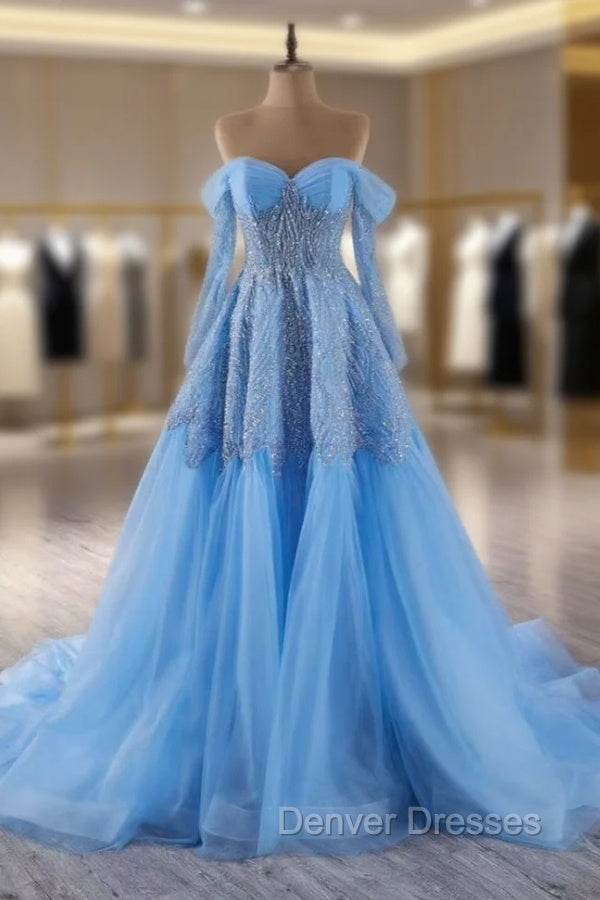 Blue Tulle Long Sleeve Sequins Beading Prom Dress