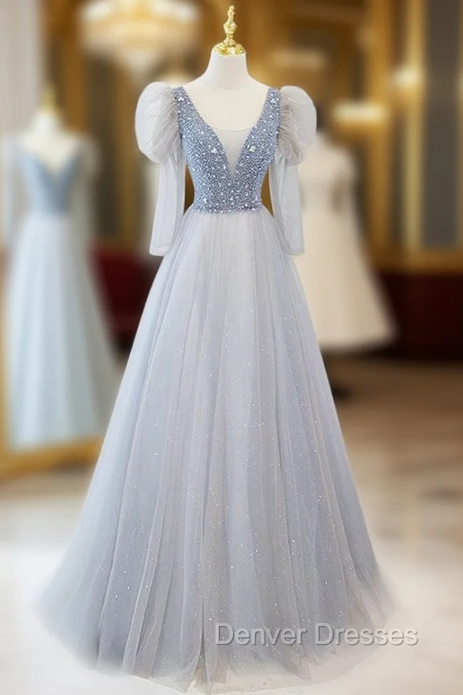 Blue Tulle Long Sleeve V-neck Beading Prom Dress