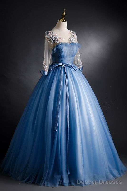 Blue Tulle Long Sleeves Formal Dress With Flower Lace Applique, Blue Sweet 16 Gown