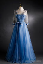 Blue Tulle Long Sleeves Formal Dress With Flower Lace Applique, Blue Sweet 16 Gown