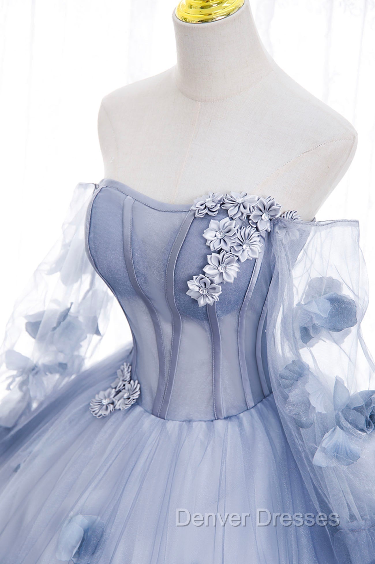 Blue Tulle Long Sleeves Formal Dress with Flowers, Blue A-Line Prom Dress Secondary image