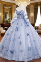 Blue Tulle Long Sleeves Formal Dress with Flowers, Blue A-Line Prom Dress
