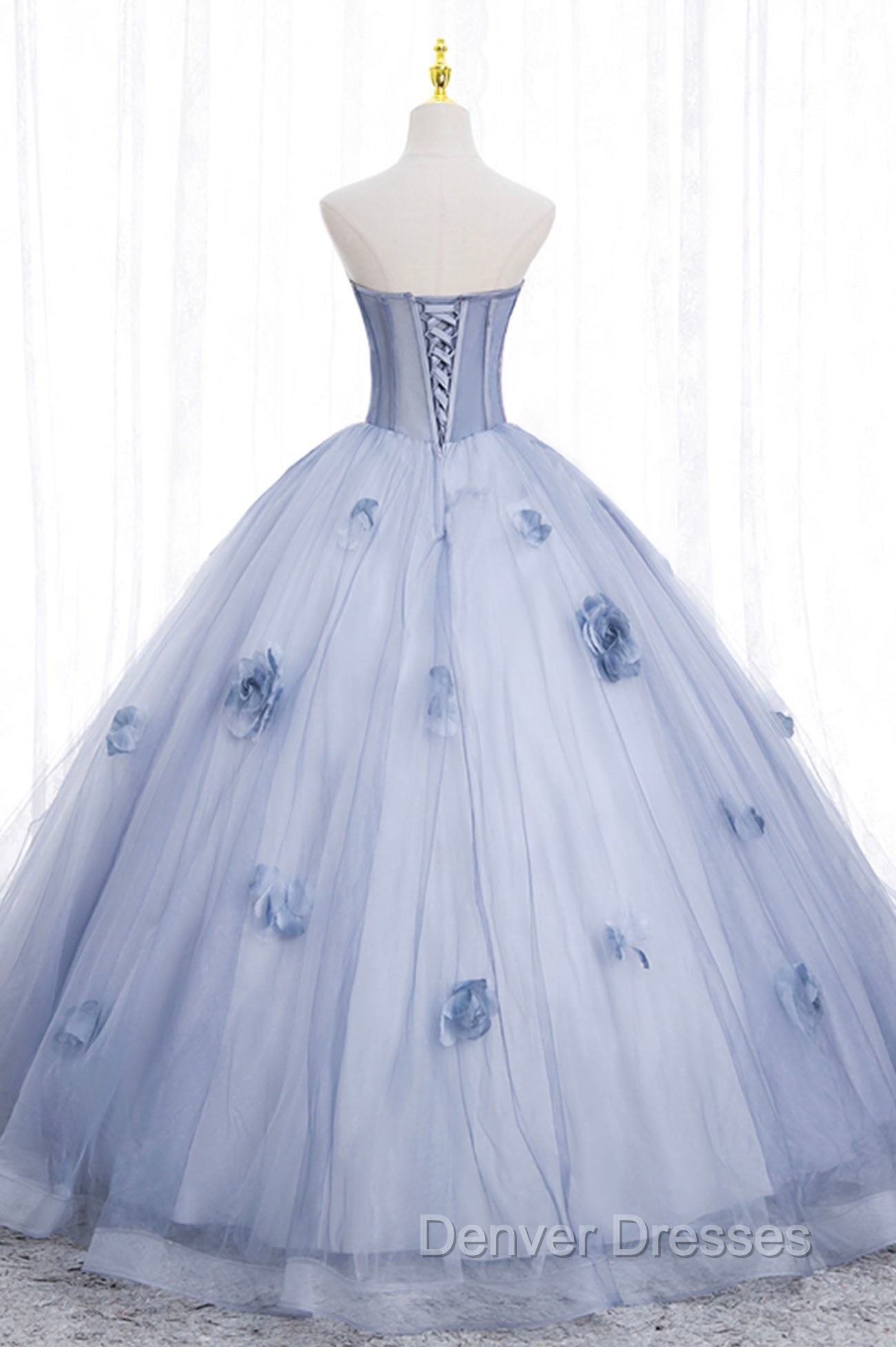 Blue Tulle Long Sleeves Formal Dress with Flowers, Blue A-Line Prom Dress