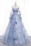 Blue Tulle Long Sleeves Formal Dress with Flowers, Blue A-Line Prom Dress