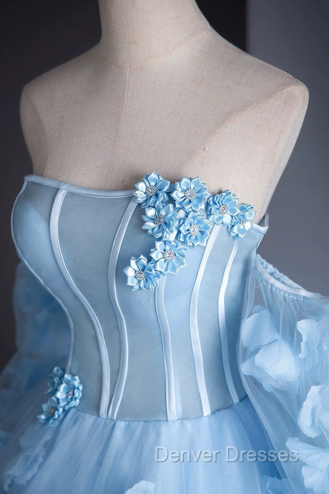 Blue Tulle Long Sleeves Formal Dress with Flowers, Blue A-Line Prom Party Dress Secondary image