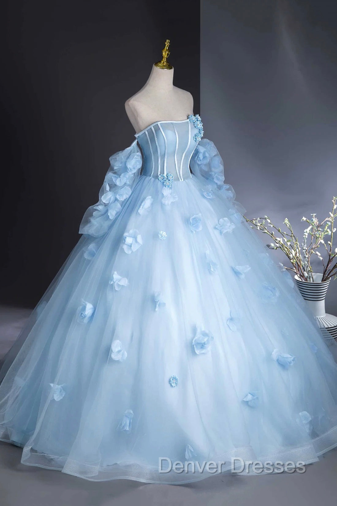 Blue Tulle Long Sleeves Formal Dress with Flowers, Blue A-Line Prom Party Dress