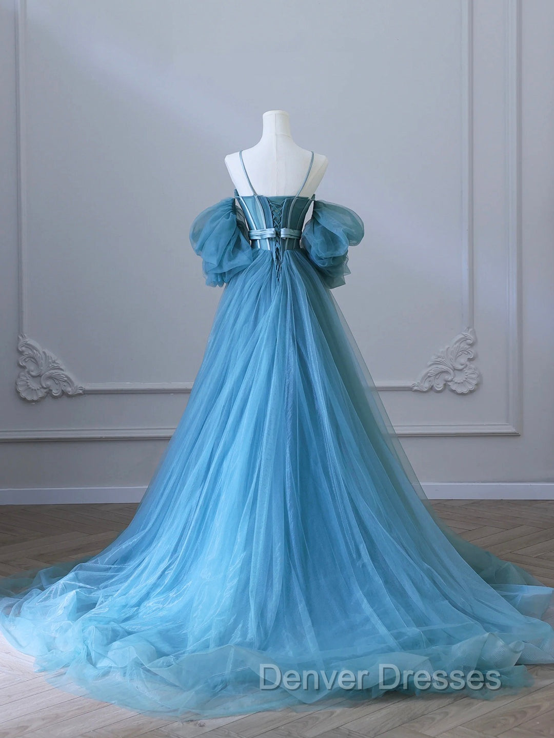 Blue Tulle Long Spaghetti Strap Prom Dress and Corset, Detachable off Shoulder Party Dress Secondary image
