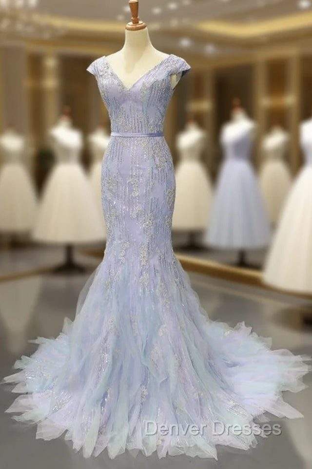 Blue Tulle Mermaid Deep V-neck Backless Prom Dress With Beading