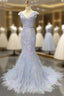 Blue Tulle Mermaid Deep V-neck Backless Prom Dress With Beading