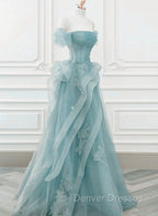 Blue Tulle Off Shoulder Beaded Lace Long Prom Dress, Blue Formal Dress