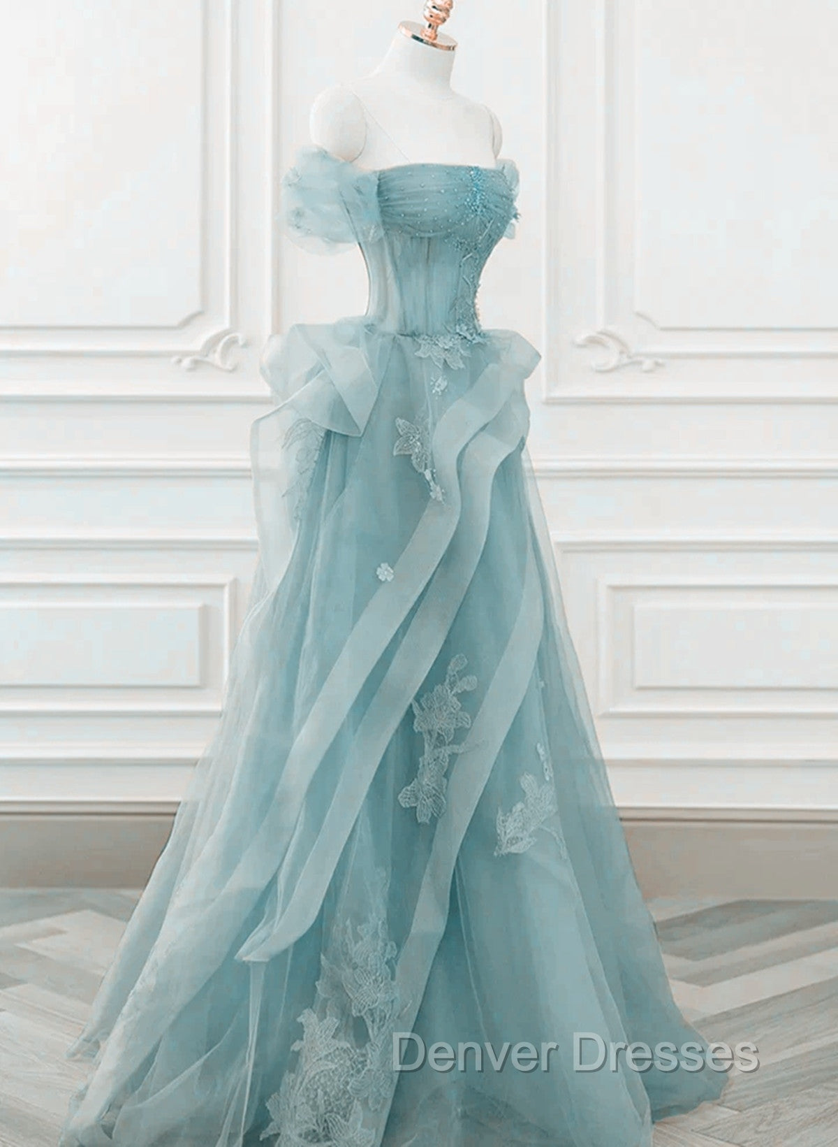 Blue Tulle Off Shoulder Beaded Lace Long Prom Dress, Blue Formal Dress