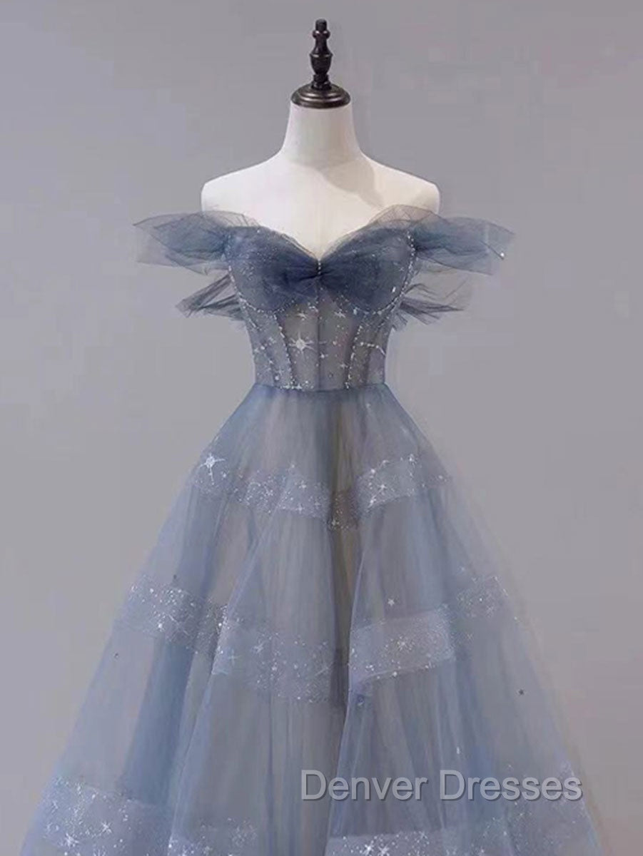 Blue Tulle Off Shoulder Long Prom dress, Blue A line Evening Dress